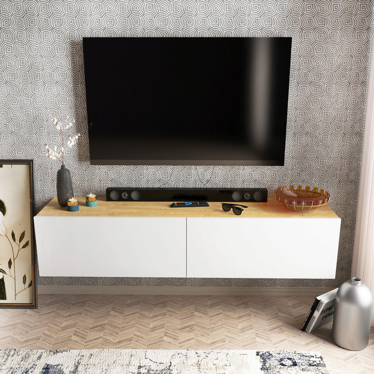 Comoda TV, Hanah Home, Poling, 159.7x36.8x34.1 cm, Alb/Maro - imagine 7
